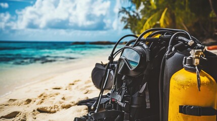a meticulously arranged scuba diving gear on a tropical beach, diving masks and tanks ready for adve