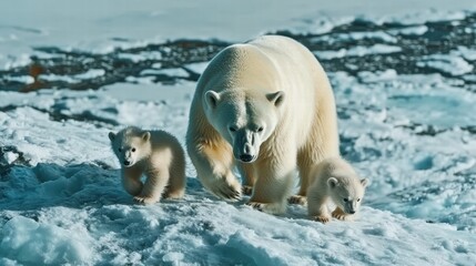 Wall Mural - mother polar bear walking on ice with her cubs