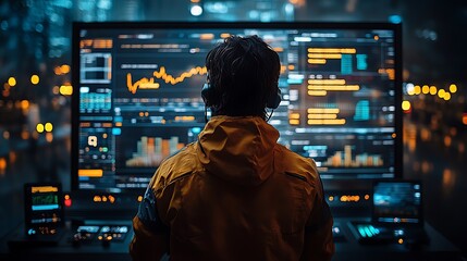 Person viewing data on large monitor at night.