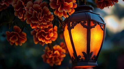 Leinwandbilder - Marigold blossoms illuminate lanterns in a serene garden nature photography evening glow vibrant colors