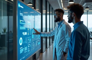 data driven innovation: two focused scientists, immersed in a world of data, collaborate on a projec