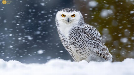 Wall Mural - Snowy owl staring under falling snowflakes