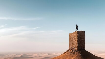 A solitary adventurer climbing a crumbling stone tower in a desert, depicting endurance and risk