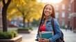 © GS-Studio - Confident College Student:  A smiling young woman confidently carries her books on a sunny college campus, radiating optimism and academic success.