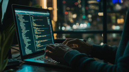 Programmer occupation - writing programming code on laptop