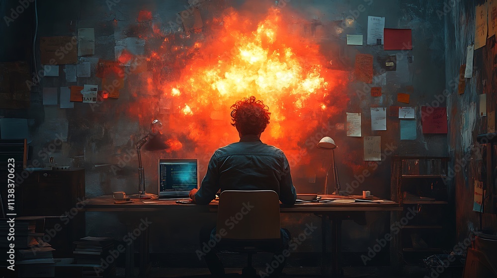 Programmer Facing Exploding Code Behind His Desk Stock Illustration ...