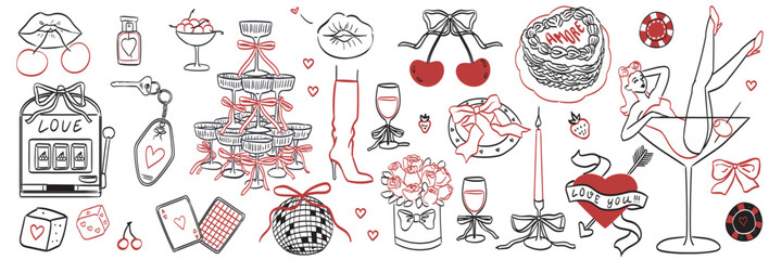 Cute elements decorated with coquette bows, ribbons. Flowers, cherry, hearts, champagne and martini. Elegant vintage woman in glass of martini. Hand drawn line art vector illustrations for wedding.