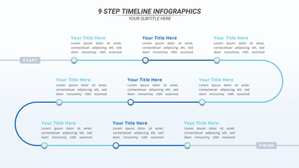  9 Steps Infographic Timeline with Editable Text on a 16:9 Layout for Business Presentation, Poster, Banner and Booklet.
