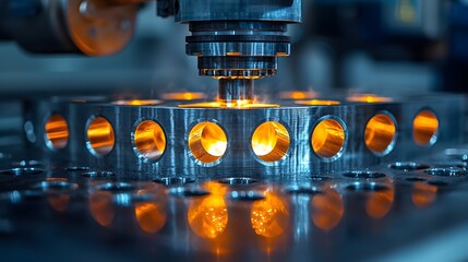 Leinwandbilder - Precision Machining Process in a Manufacturing Facility Showcasing a CNC Machine Engaging with a Metal Part Undergoing Detailed Fabrication with Bright Sparks