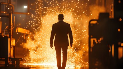 Poster - Dramatic Silhouette of a Man Walking Through a Shower of Sparks in an Industrial Setting, Illuminated by Brilliant Light Displays and Fiery Effects
