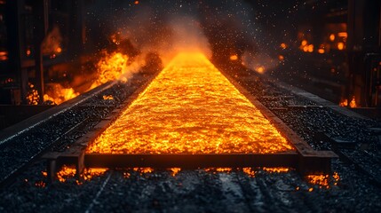 Poster - Flowing Liquid Metal in a Dimly Lit Steel Mill with Sparks and Hot Lava-like Appearance, Showcasing the Industrial Process of Steel Production
