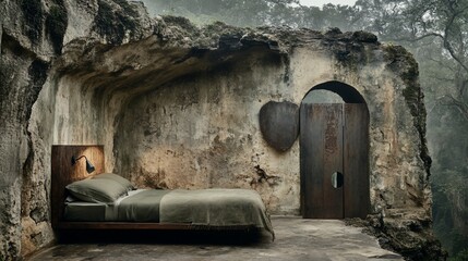 Canvas Print - Cave bedroom with rustic bed, stone walls, and metal door.