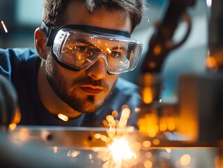 Poster - Close-up of a focused male welder wearing protective goggles, surrounded by sparks and machinery in a workshop, capturing dedication and precision in craftsmanship