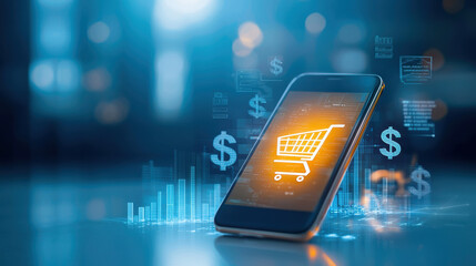 smartphone displaying shopping cart icon with digital elements