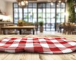© xbzz - Cozy dining setup modern interior empty wooden table with checkered cloth warm atmosphere close-up view inviting design concept