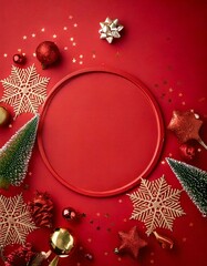 red christmas background, snowflakes, decorations, space for words