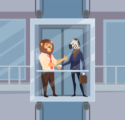 Wall Mural - elevator talking. business people with animals heads standing in business glass elevator