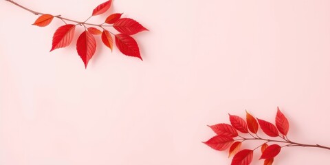 Two branches of red leaves, one on each side, against a pink background, creating a minimalist autumn design