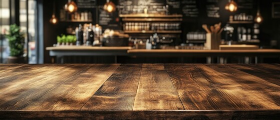 Wall Mural - Rustic wooden table in front of blurred cafe background.