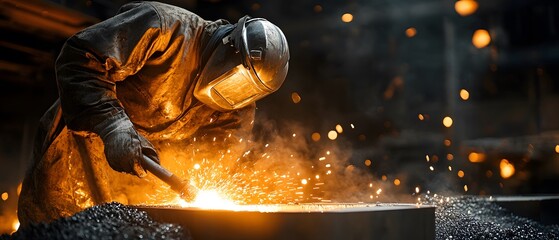 Poster - Skilled welder working in a workshop, creating sparks and bright flames from molten metal in an industrial environment, showcasing craftsmanship and safety gear