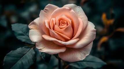 Wall Mural - A single peach rose blooms softly in the garden