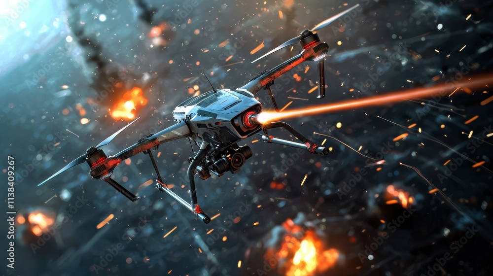Futuristic drone emitting laser beams engaging in battle warzone ...