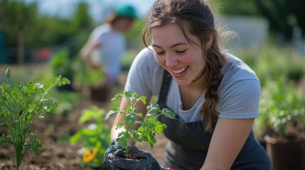 Wall Mural - a woman is smiling while holding a plant