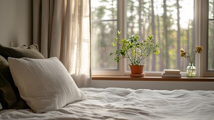 Canvas Print - Serene bedroom with natural light, linen bedding, and plant on windowsill.