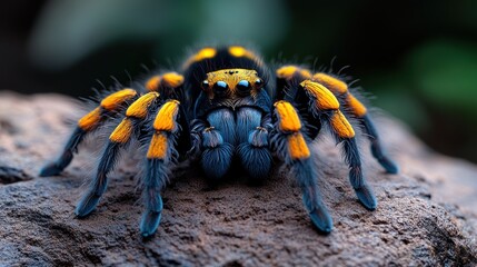 Poster - A vibrant spider with blue and orange markings perched on a rock.