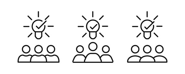 Creative community icon set. Three people with light bulb outline sign represent of creativity, collective insight, group knowledge. Vector editable stroke