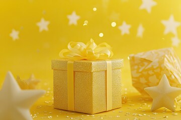 Gold gift box with yellow ribbon and stars on yellow background. Beautiful wallpaper, banner or background for creative projects.  