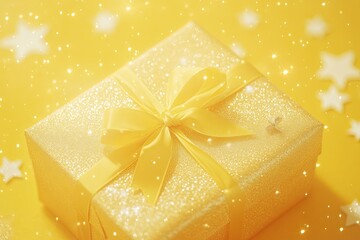 Gold gift box with yellow ribbon and stars on yellow background. Beautiful wallpaper, banner or background for creative projects.  