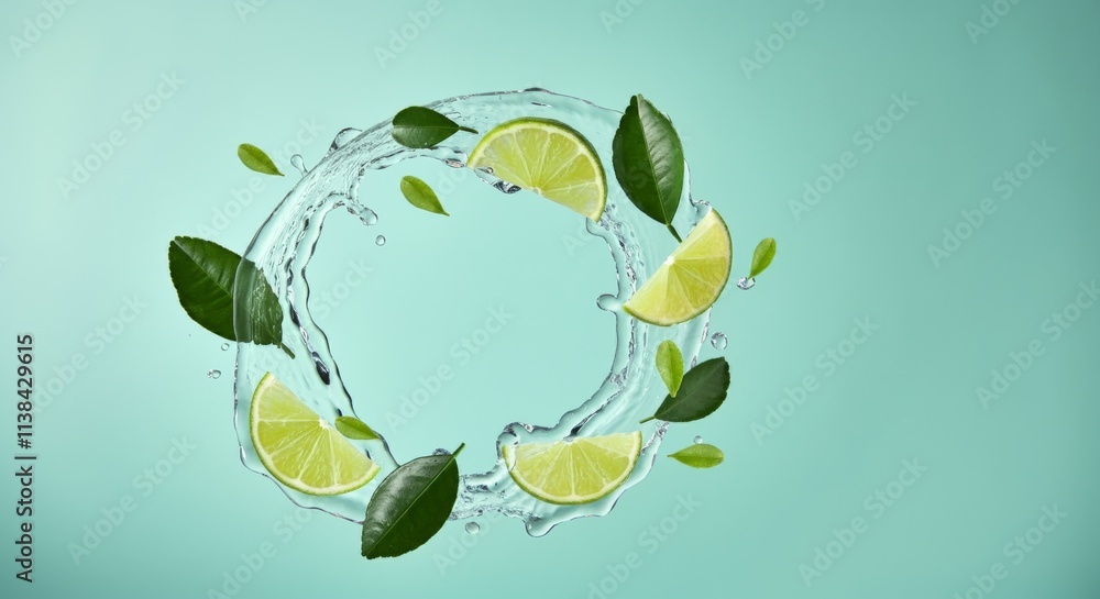 Long water wave flow splash with lime fruit and mint leaves, realistic ...