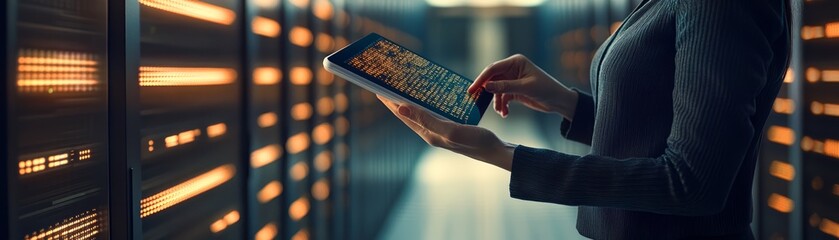 Woman using tablet in server room  data center  technology  digital  network  IT