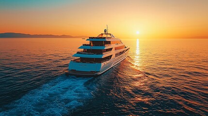 Canvas Print - Luxury yacht cruising at sunset, aerial view.