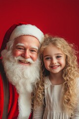 Wall Mural - Joyful yule, pretty child girl! copy space. Isolated white child girl in festive knee on red background. Cute santa kid portrait. Santa portrait idea. Cute red photo. Kid santa photo idea.