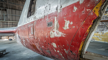 A red and white plane with bullet holes in the side