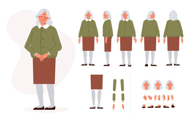 Wall Mural - elderly woman character constructor for animation. front, side and back view set. body parts, postur