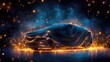 © O - Futuristic car reveal under glowing cloth and sparkling lights. Happy New Year. Merry Christmas