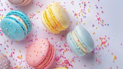 Wall Mural - Colorful French macarons with festive sprinkles on a pastel background