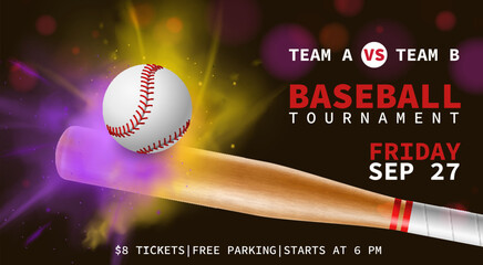 Baseball kick. Championship banner, professional tournament sport invitation, realistic 3d wooden bats and leather ball. Black background. Competition backdrop. Flyer athletic vector concept