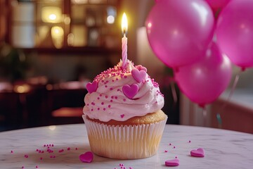 Wall Mural - A birthday cupcake decorated with pink icing, heart-shaped sprinkles, and a glowing candle, placed on a table with pink balloons in the background.