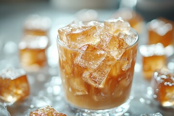 Poster - A clear glass filled with ice cubes sitting on a table, ready to be used