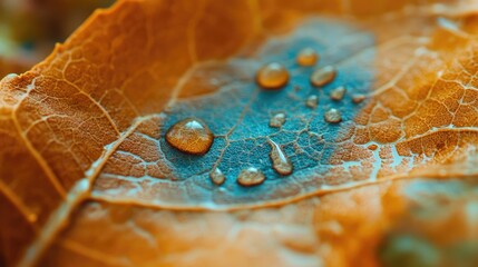 Canvas Print - Close up of water droplets on an autumn leaf showcasing nature's beauty and intricate textures of the leaf surface.