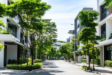 Wall Mural - A city street lined with trees and towering buildings, perfect for urban landscape or architecture images