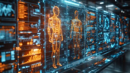 Fototapete - Digital display of human anatomy with data visualizations and technological interfaces.