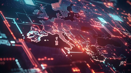 Aufkleber - Digital representation of Europe with futuristic data overlay and circuit patterns.