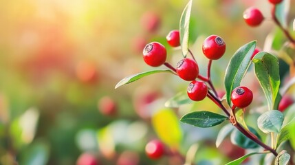 Canvas Print - Cotoneaster plant with red berries and soft blurred background showcasing filtered sunlight and vibrant green leaves