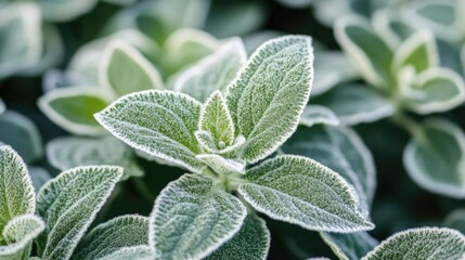 Canvas Print - Macro shot of lush green ornamental plant leaves with selective focus highlighting intricate textures and details in a tranquil garden setting