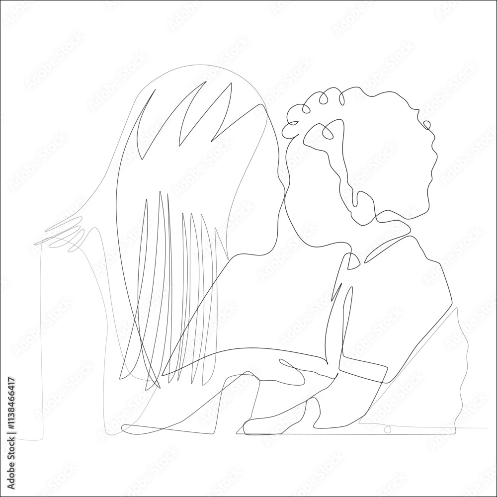 One continuous line drawing young mother talking with her son about ...